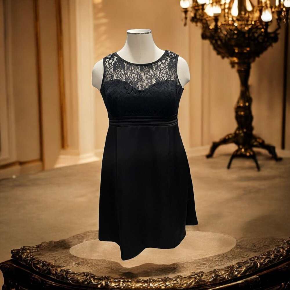 E-vie Black Lace Satin‎ Dress 14 (US) Cocktail Elegant Evening Formal Date Party